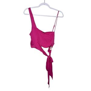 Free People Mila Hot Pink Smocked Asymmetrical Tie Front Crop Top Women L NWT